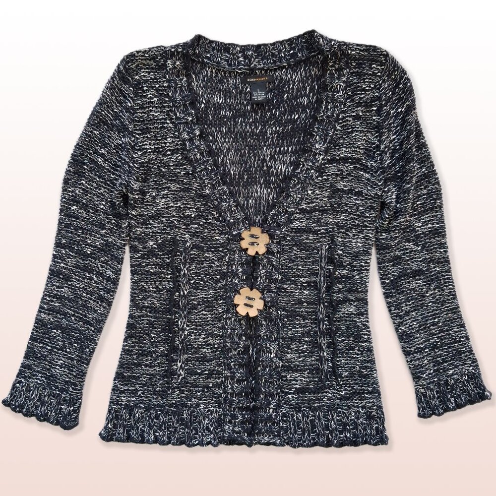 BCBG Max Azria Sweater Black White Marled Knit Fab Buttons Soft Size L